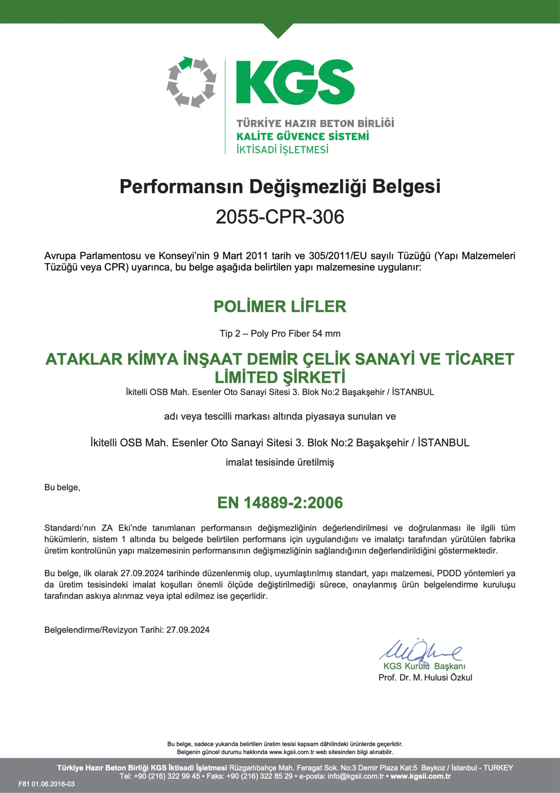 Performansın Değişmezliği Belgesi — Sayfa 1