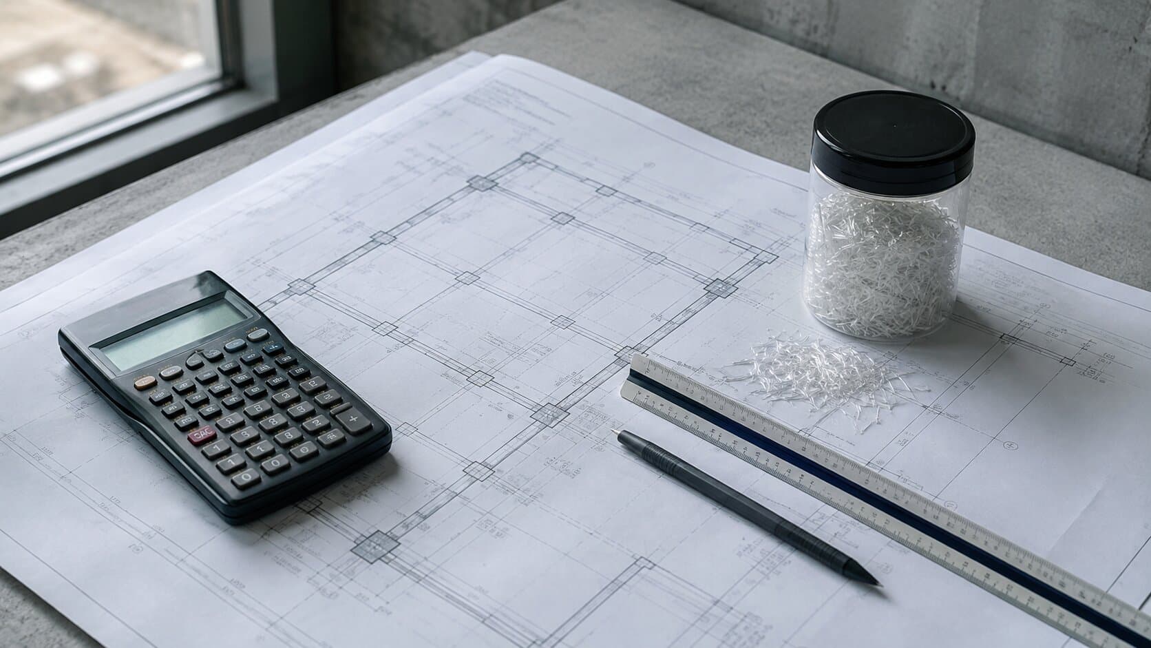 Engineer's desk with a dosage calculation over a technical drawing