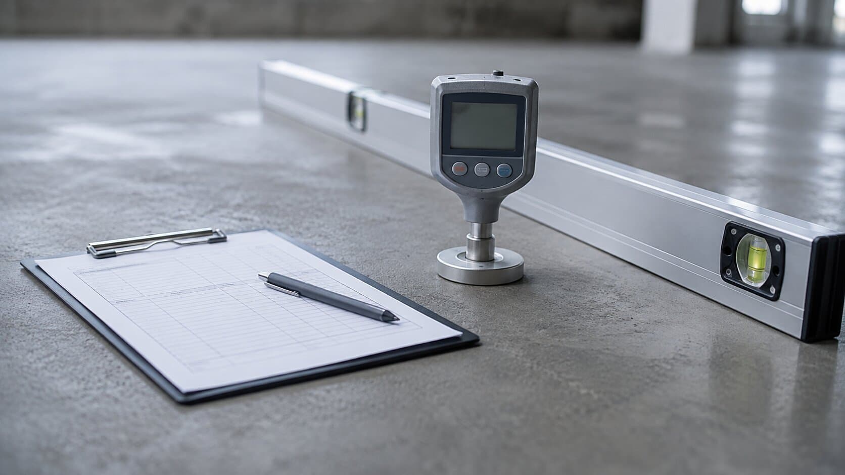 Surface hardness tester, straightedge and measurement form on a concrete floor