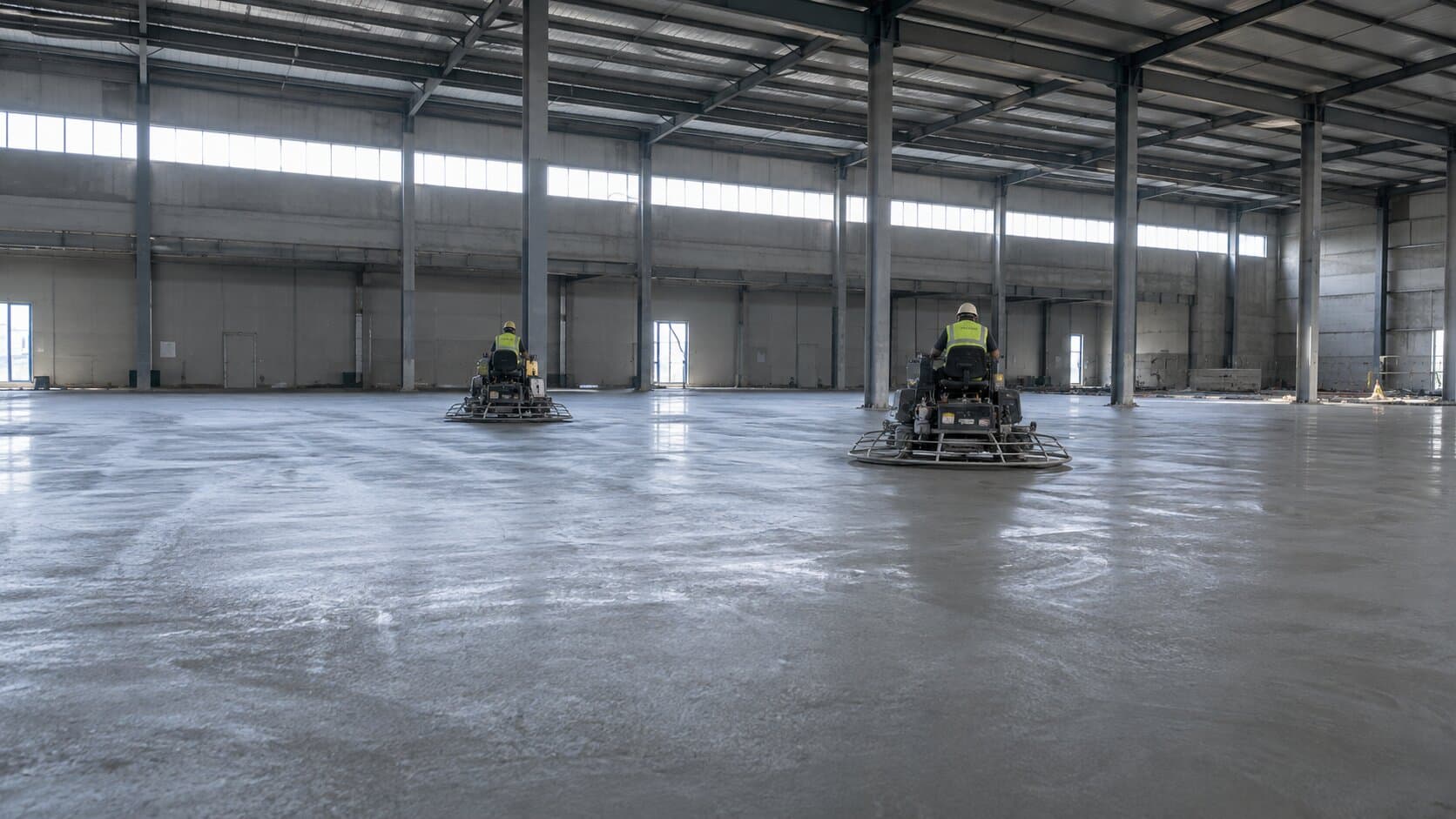 Crew working a factory slab with ride-on power trowels